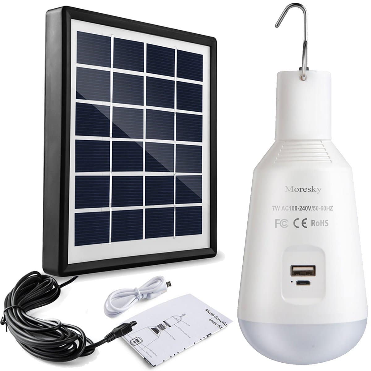 60W Solar Panel Power Camping Light LED Bulb Portable Emergency Lamp USB 