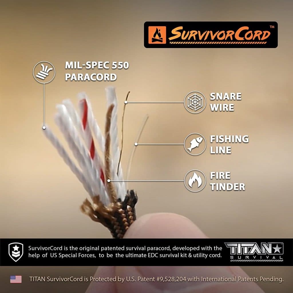 Visit the Titan Paracord Store 620 LB SurvivorCord  The Original Patented  Type III Military 550 Paracord/Parachute Cord with Integrated Fishing Line,  Multi-Purpose Wire, and Waterproof Fire Tinder. : : Sports 