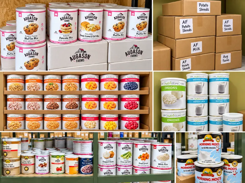 Augason Farms and NutriStore #10 cans, buckets and cases of long-term storage food on warehouse shelves
