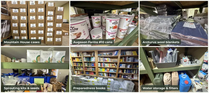 Bronze package gear: Mountain House cases, Augason Farms #10 cans, Arcturus wool blankets, sprouting kits, preparedness books and water storage