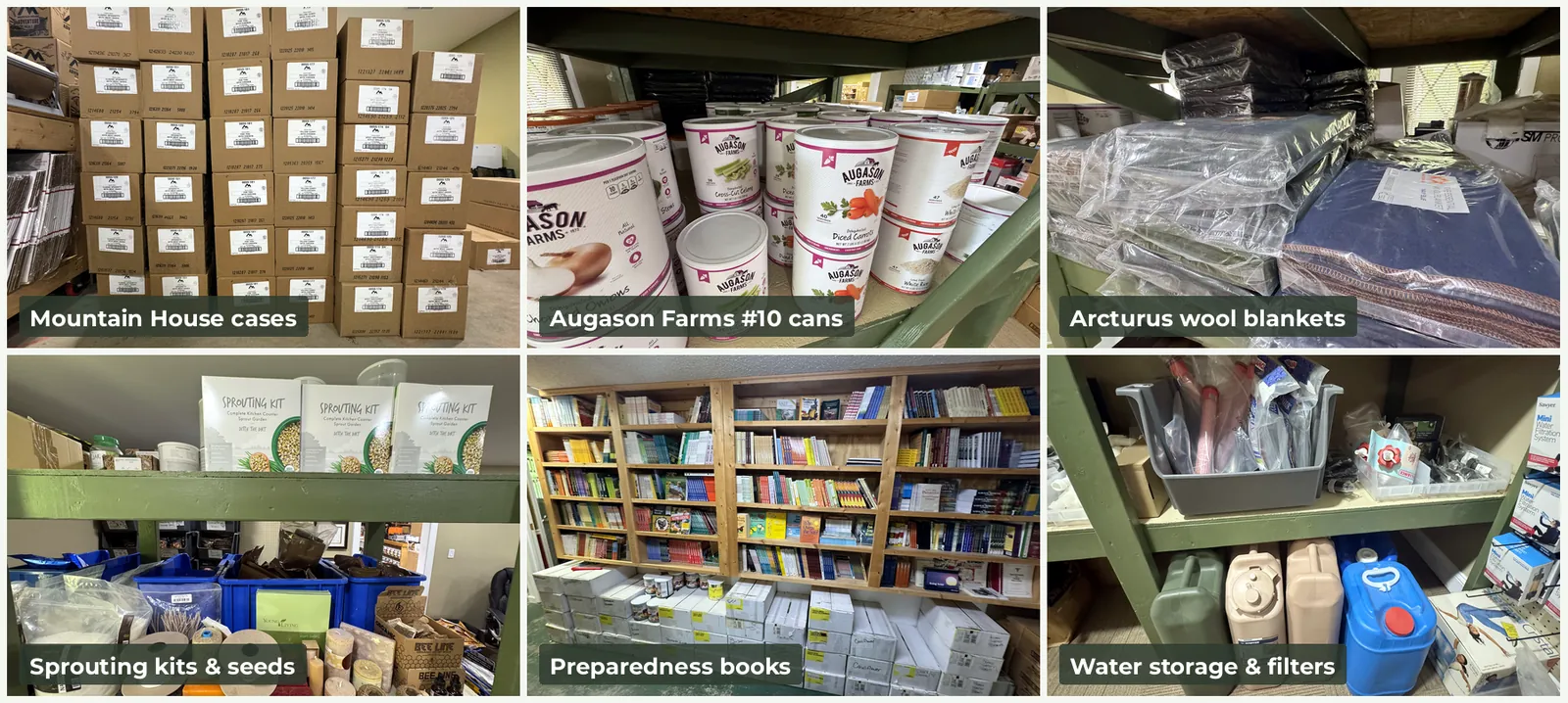 Bronze package gear: Mountain House cases, Augason Farms #10 cans, Arcturus wool blankets, sprouting kits, preparedness books and water storage