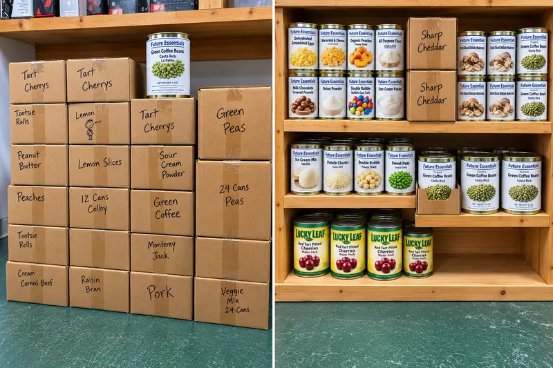 Future Essentials 2.5 and #10 cans of freeze-dried food and labeled cases on storage shelves