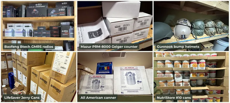 Gold package gear: Baofeng Btech GMRS radios, Mazur Geiger counters, bump helmets, LifeSaver Jerry Cans, All American canners and NutriStore #10 cans