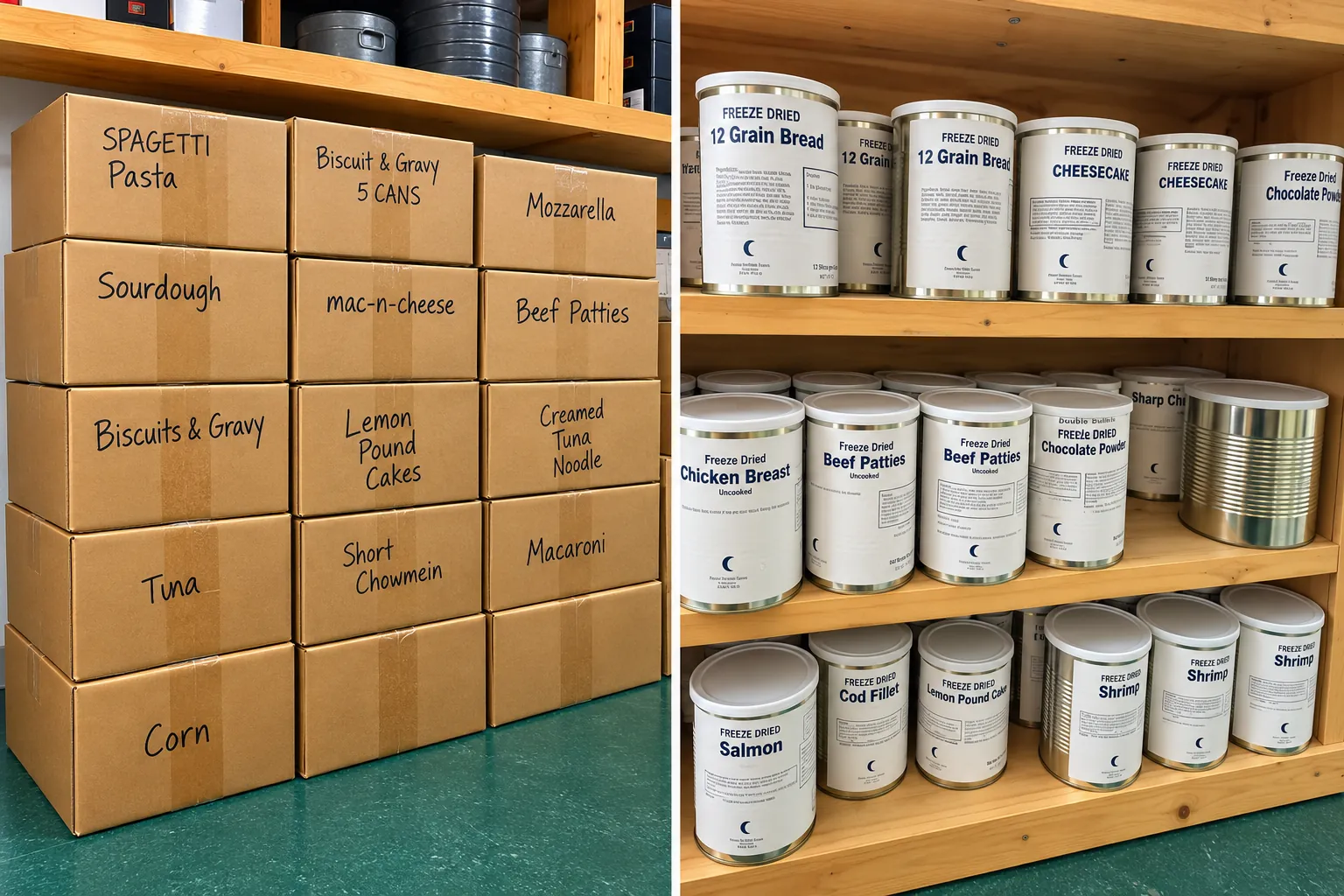 Military surplus freeze-dried #10 cans and labeled cases of bread, meats, pasta and desserts