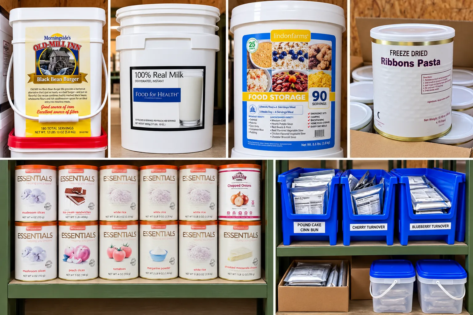 Assorted storage food buckets, #10 cans and pouches from Old Mill Inn, Food for Health, Lindon Farms and Emergency Essentials