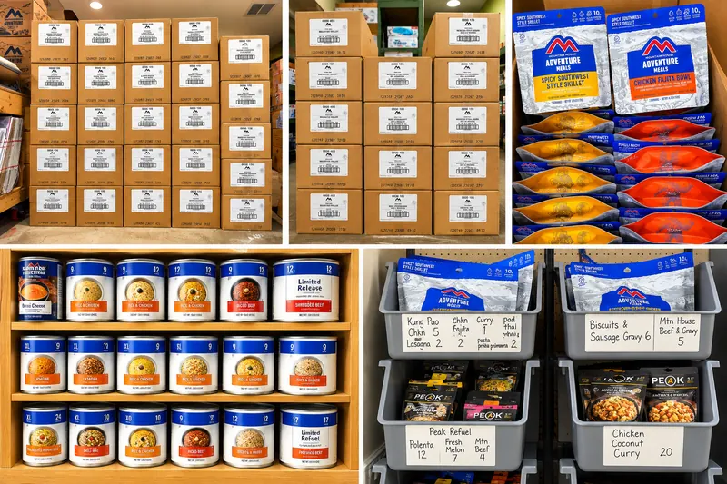 Mountain House #10 cans and freeze-dried meal pouches stacked in cases and storage bins