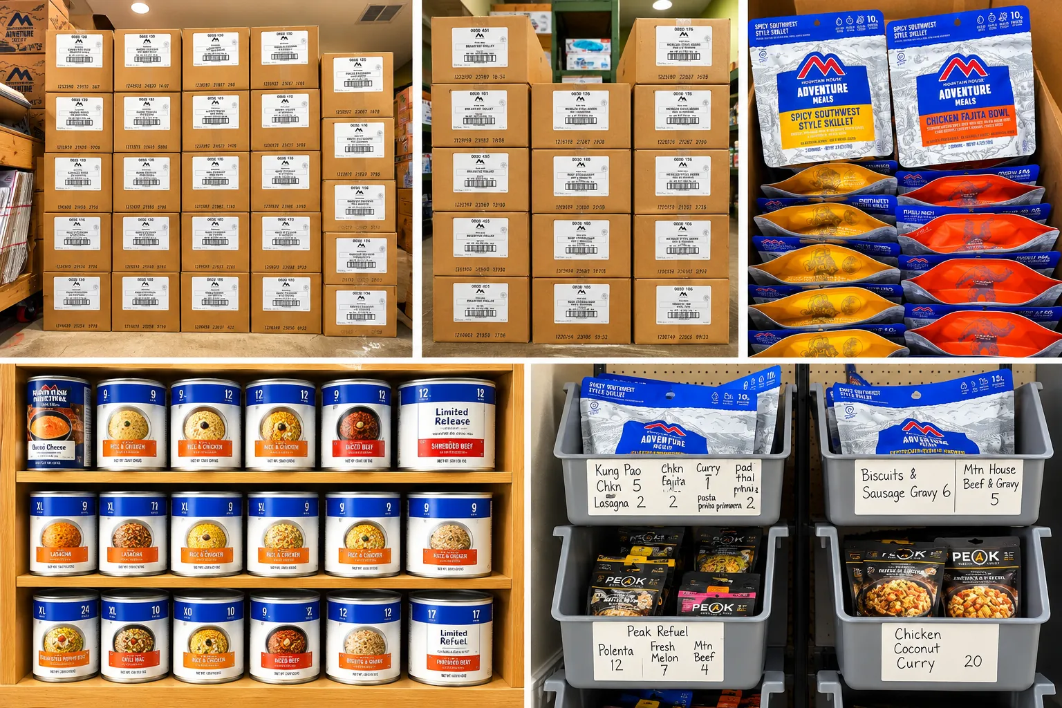 Mountain House #10 cans and freeze-dried meal pouches stacked in cases and storage bins