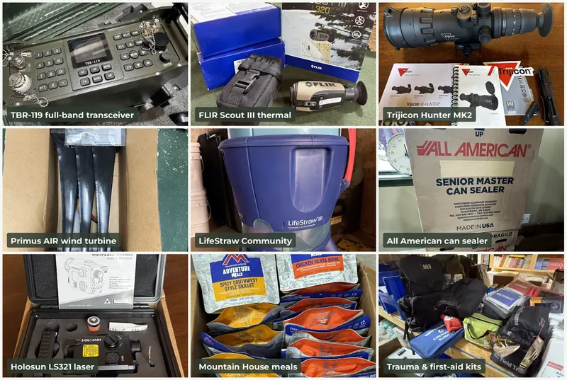 Platinum package gear: TBR-119 radio, FLIR Scout thermal, Trijicon riflescope, wind turbine, LifeStraw Community, All American can sealer, Holosun laser, Mountain House meals and trauma kits