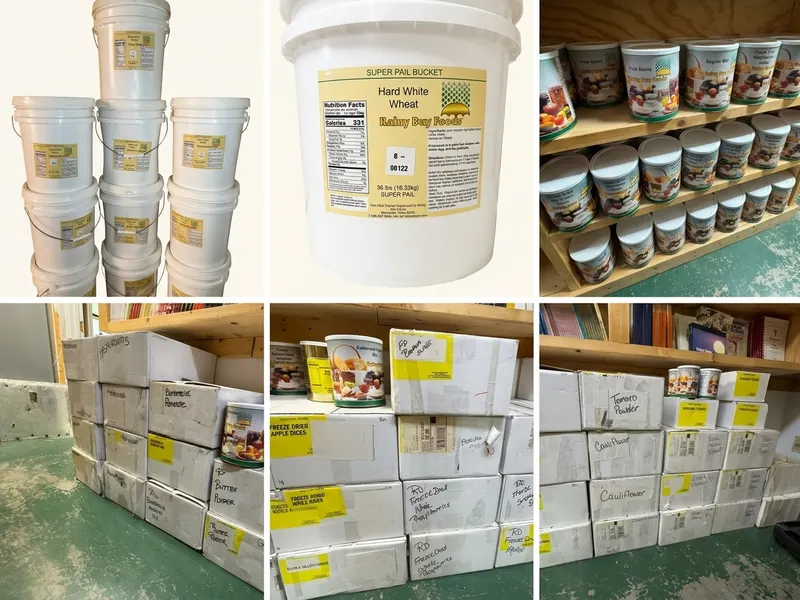 Rainy Day Foods hard white wheat super pails, #10 cans on shelves and labeled cases in the warehouse