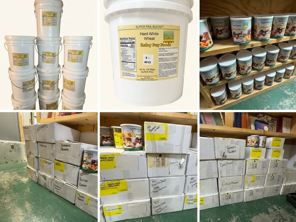 Rainy Day Foods hard white wheat super pails, #10 cans on shelves and labeled cases in the warehouse