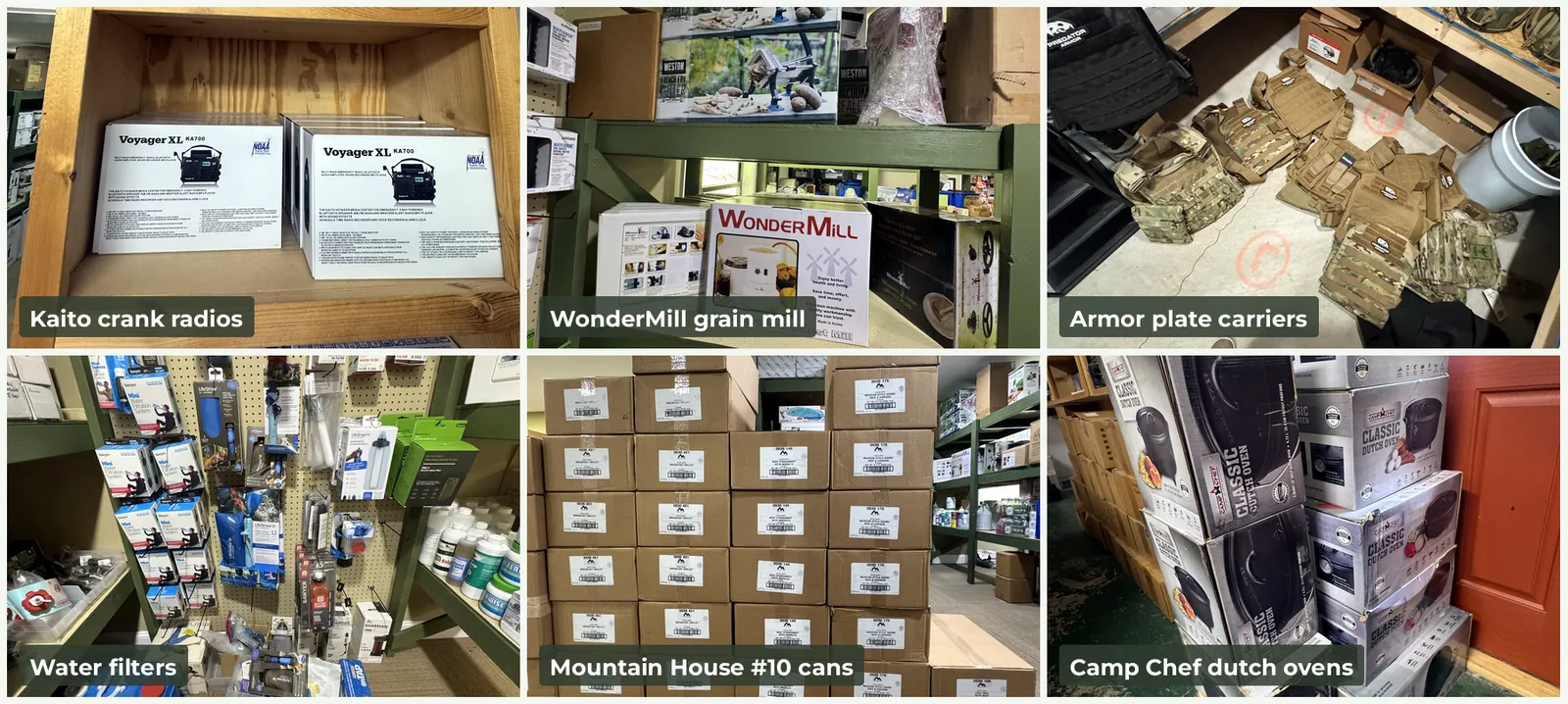 Silver package gear: Kaito crank radios, WonderMill grain mill, armor plate carriers, water filters, Mountain House #10 cans and Camp Chef dutch ovens